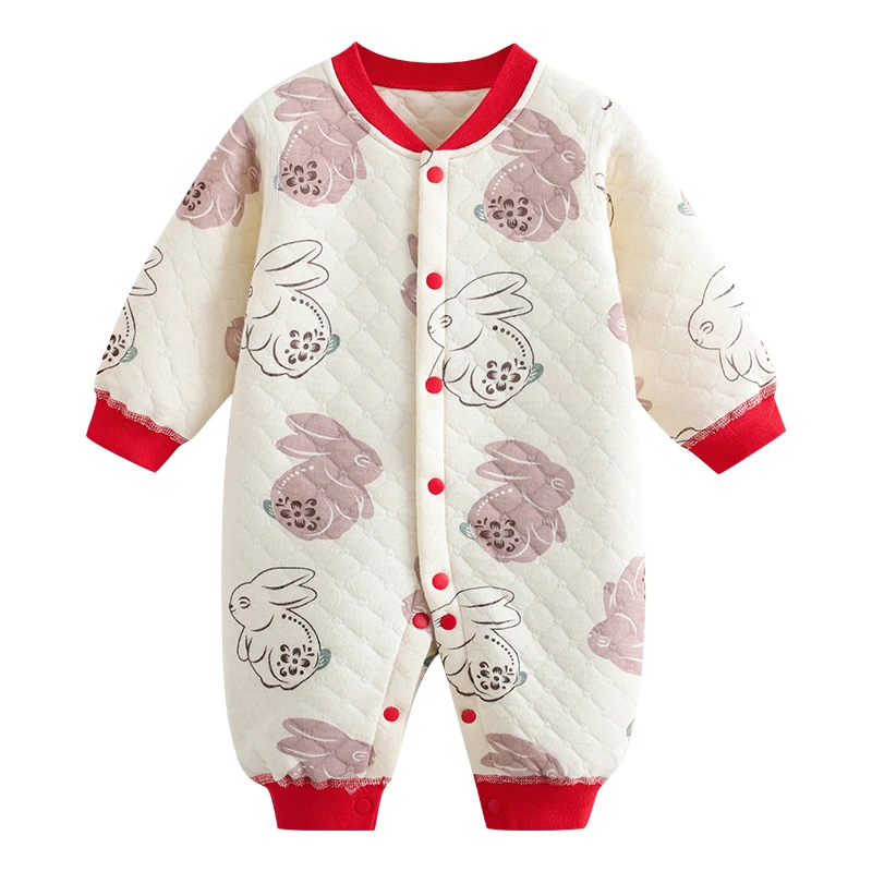 婴儿连体衣保暖夹棉新生秋季长袖爬服兔宝宝秋冬满月卡通外出哈衣