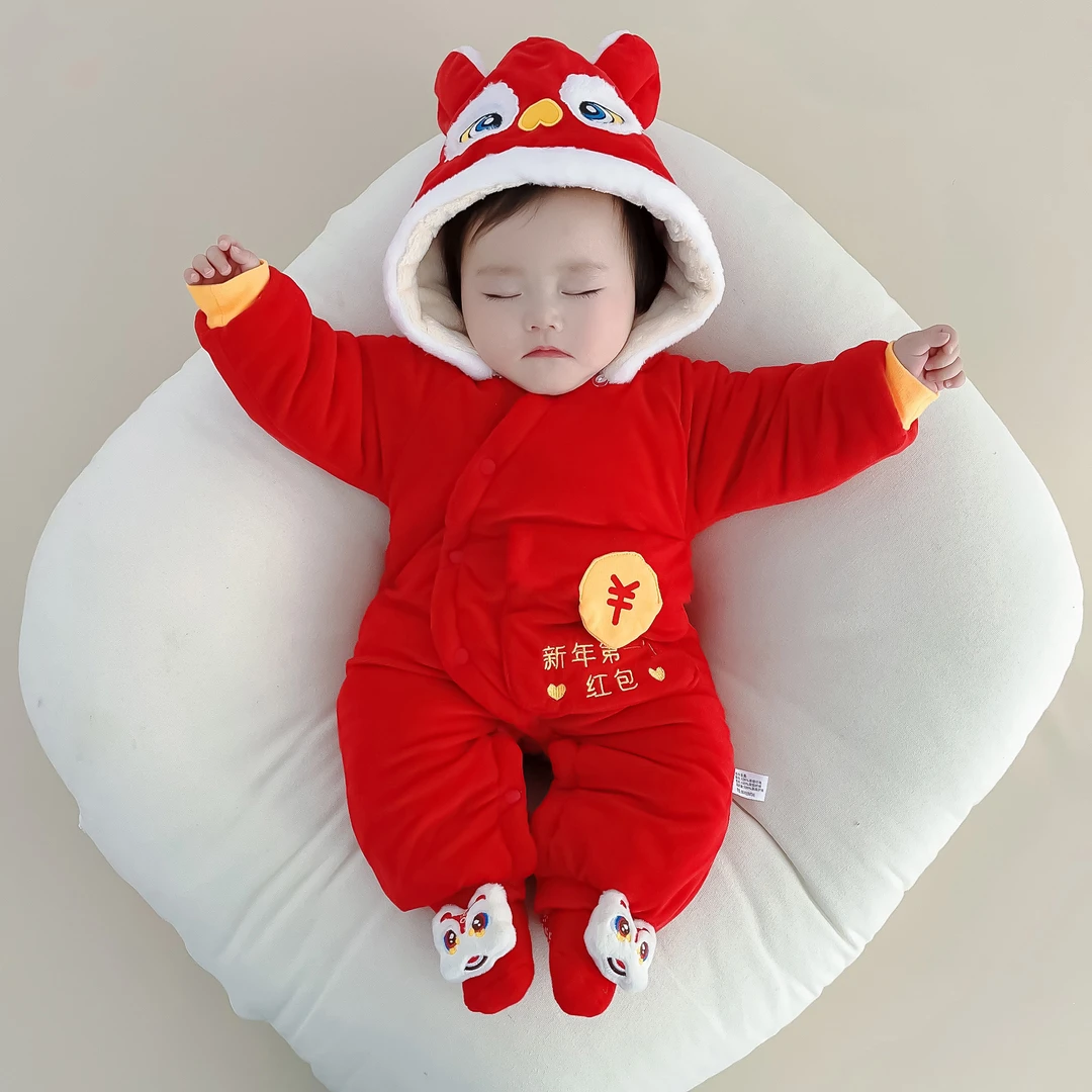 喜庆满月冬季加绒拜年棉服婴幼儿连体棉衣宝宝加厚保暖外出抱服