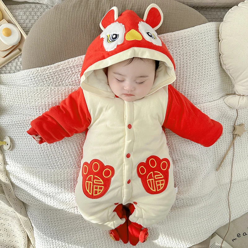 婴儿拜年服加绒加厚冬季宝宝红色棉服新生儿满月服保暖连体衣棉衣