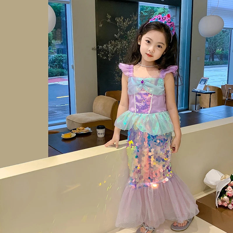 女童美人鱼爱丽公主裙亮片鱼尾修身包臀洋气吊带彩色人鱼尾裙夏季