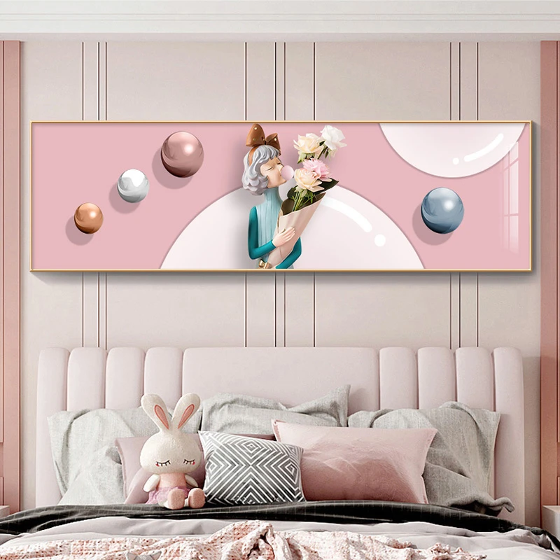 简约大方挂画卧室书房背景装饰画铝合金边框泡泡女孩40150