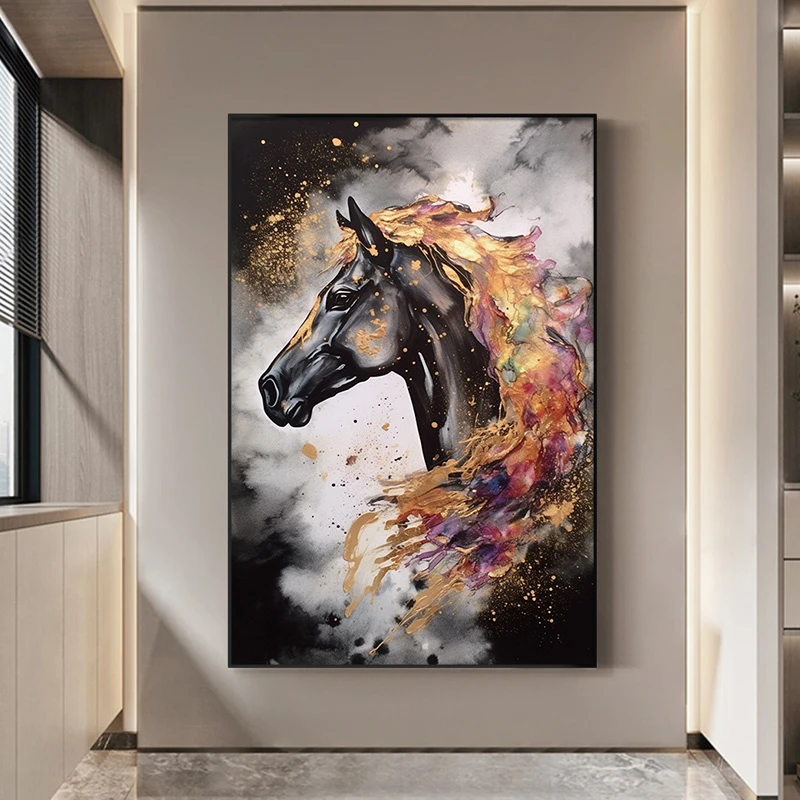 现代简约油画风格入户装饰画客厅挂画餐厅背景墙画彩色马120180