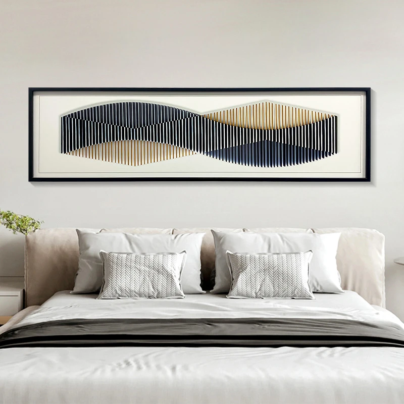 高级感横版卧室床头装饰画轻奢样板间主卧房间挂画线条40150