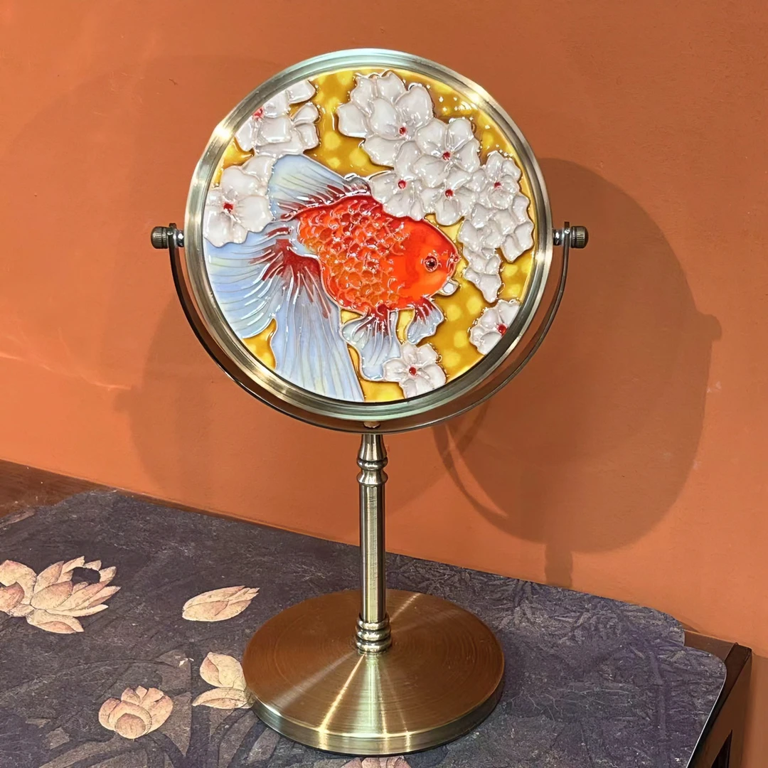 【赫颖】镜子拉丝镀铜瓷板画家用化妆摆件彩绘纯手工高档