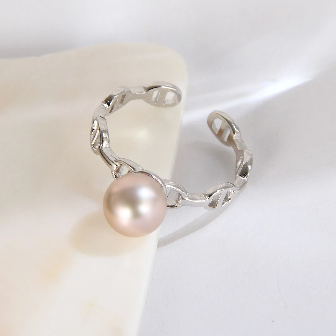【猪鼻子】8-9mm天然紫珍珠+通体S925银戒指