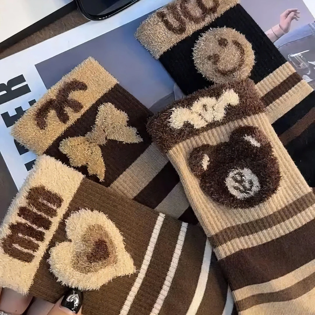 袜子女生秋冬款纯棉甜美提花长款女袜卡通小熊高筒袜时尚百搭女袜