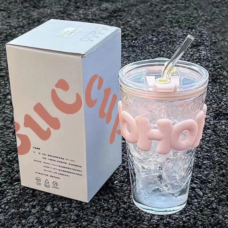 韩系玻璃杯子ins风高颜值女大容量家用学生办公室咖啡吸管果汁杯