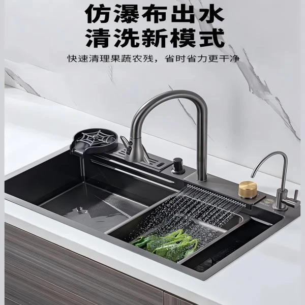 九牧王5.0多功能304不锈钢水槽台上飞雨瀑布刀架蜂窝厨房大洗菜盆