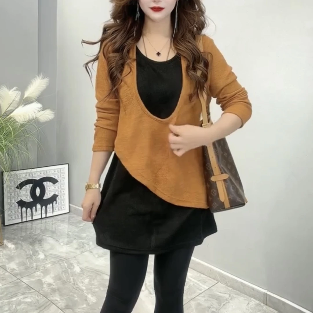 时尚假两件中长款大衫