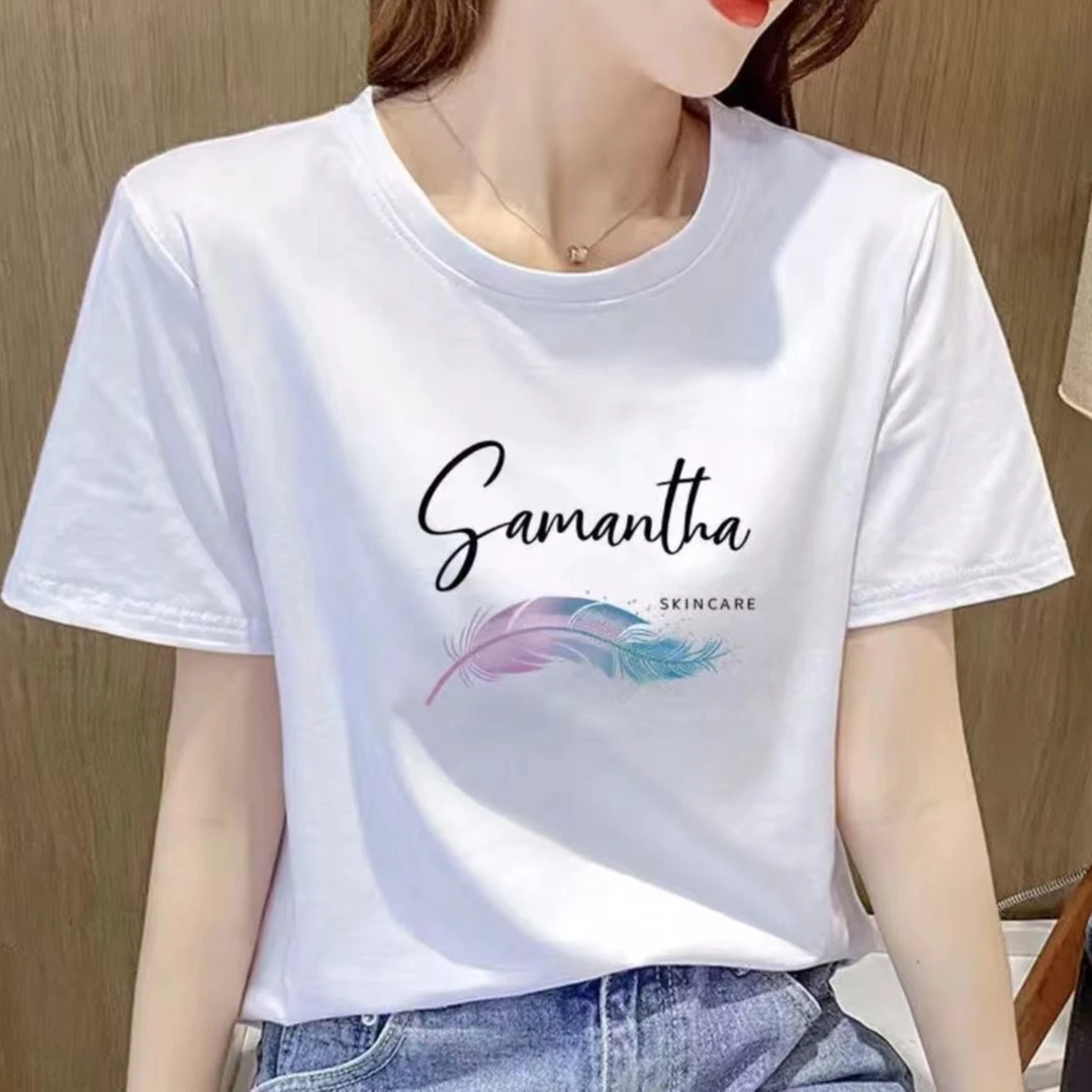 女款 七彩纯棉短袖【羽毛】圆领休闲百搭显瘦