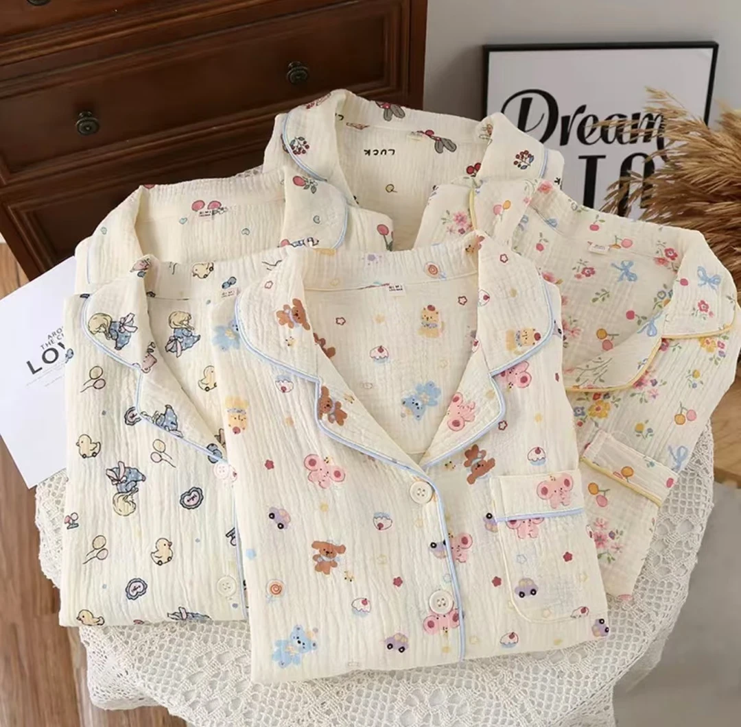 新款秋冬纯棉长袖长裤套装大码纱布睡衣女透气家居服宽松薄款全棉