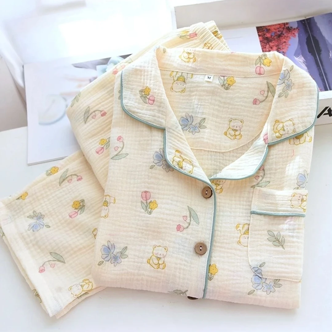 【超大码】纯棉双层皱纱棉春秋长袖胖人宽松透气吸汗家居服睡衣套装