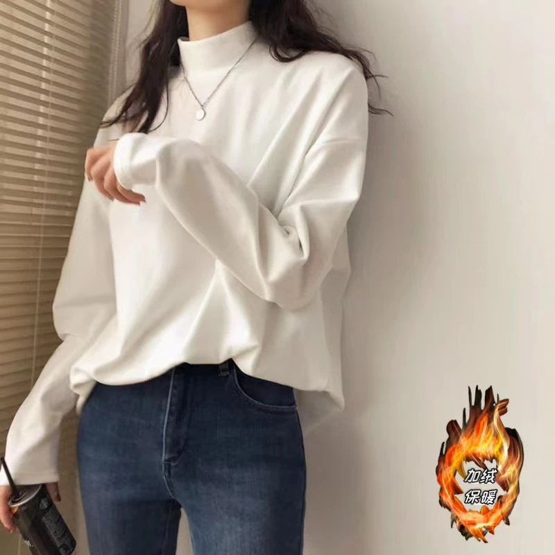 德绒保暖长袖打底衫韩版宽松加绒白t纯色百搭T恤