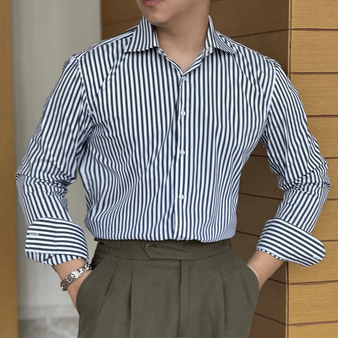 上班通勤日常百搭新款男士衬衣轻商务复古修身条纹衬衫长袖时尚