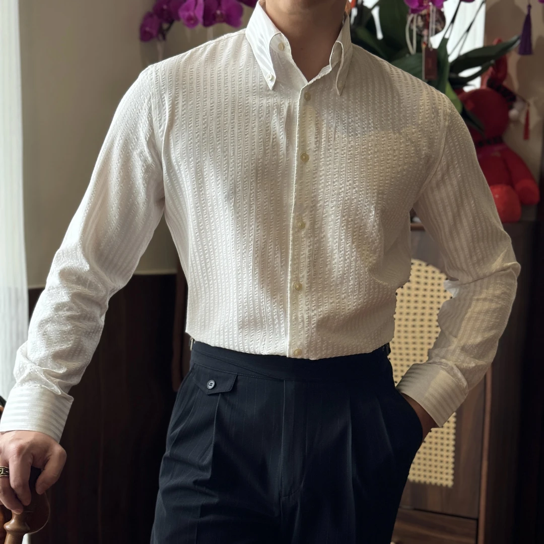 衬衫男士英伦休闲长袖修身尖角领时尚复古白色简约轻奢百搭衬衣