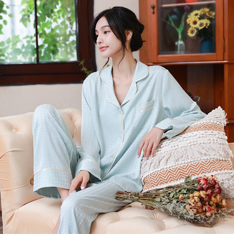 YM冰丝男女款睡衣女长袖千鸟格提花两件套家居服薄款女高档睡衣