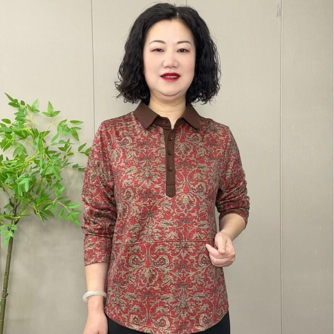 2024秋季时尚新款翻领拼接复古花遮肚洋气妈妈装长袖上衣打底衫