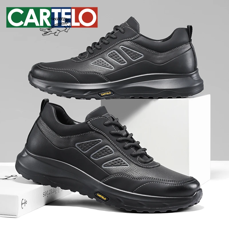 CARTELO/卡帝乐鳄鱼秋季新款真皮休闲皮鞋黑色上班通勤商务休闲鞋