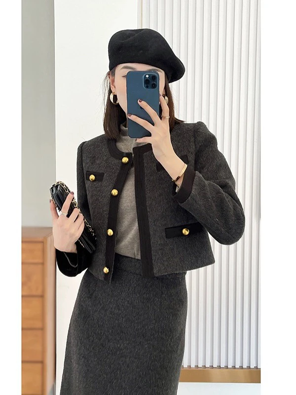 小香风休闲套装女2023秋冬季时尚加厚羽羽西装外套两件套