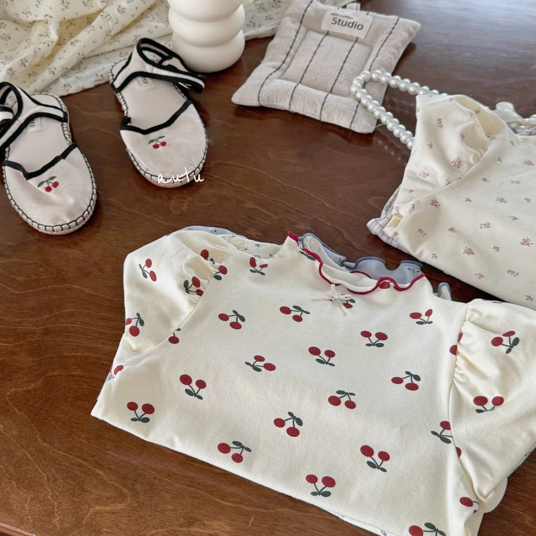 春秋女宝女童满印碎花百搭清新时尚木耳边长袖打底