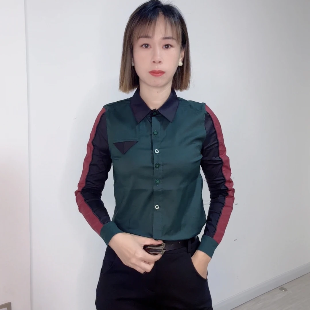 春秋撞色拼接棉质修身弹力舒适透气衬衫女装小清新百搭韩版洋气潮