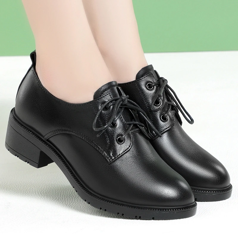 2720【西部羊驼】单鞋系带深口真皮女鞋粗跟小皮鞋中跟软底妈妈鞋