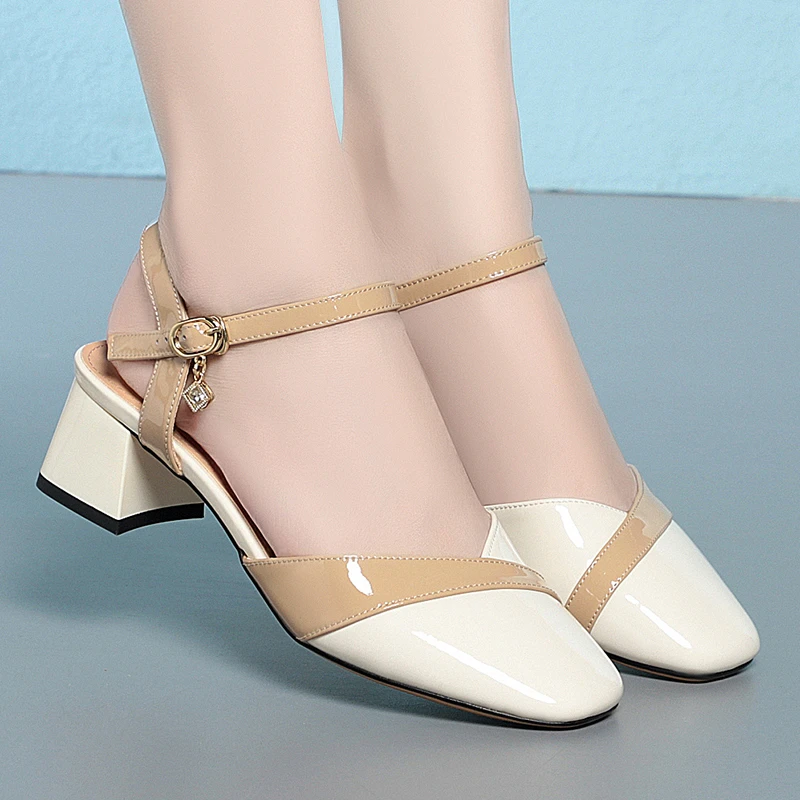 【全漆面牛皮】拼色中空女凉鞋时尚百搭女士夏季真皮粗跟中跟皮鞋