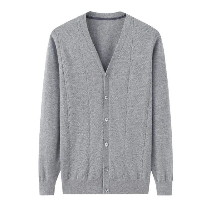 秋冬季V领绞花羊绒男开衫鄂尔多斯市原产地