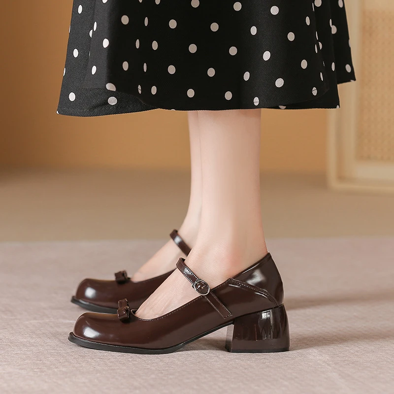 2024新款圆头粗高跟一字玛丽珍单鞋法式复古蝴蝶结百搭温柔小皮鞋