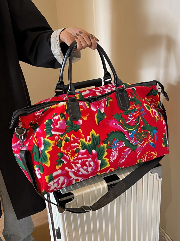 新款民族风东北大花旅行包时尚手提登机出差收纳包轻便瑜伽健身包