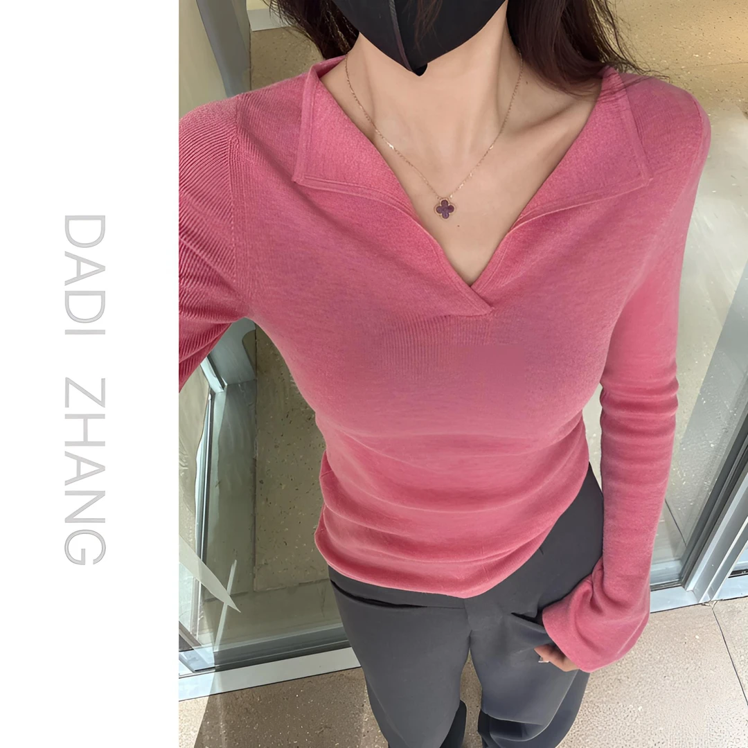 【DADI定制】V领修身显痩长袖打底衫内搭纯色上衣女春秋薄款针织衫