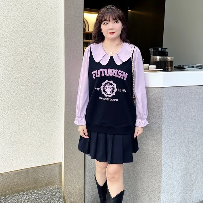 胖mm大码女装藏肉设计感上衣秋冬季甜美温柔娃娃领遮肉假两件卫衣