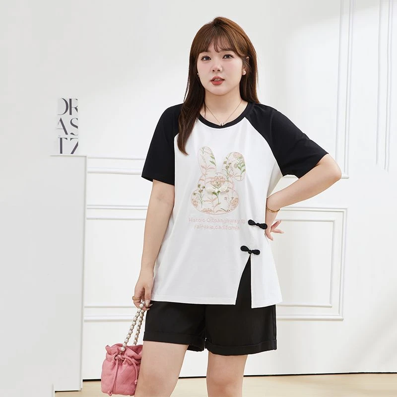 胖mm大码女装夏季新款中长款拼色T恤新中式国风显瘦遮肚短袖上衣