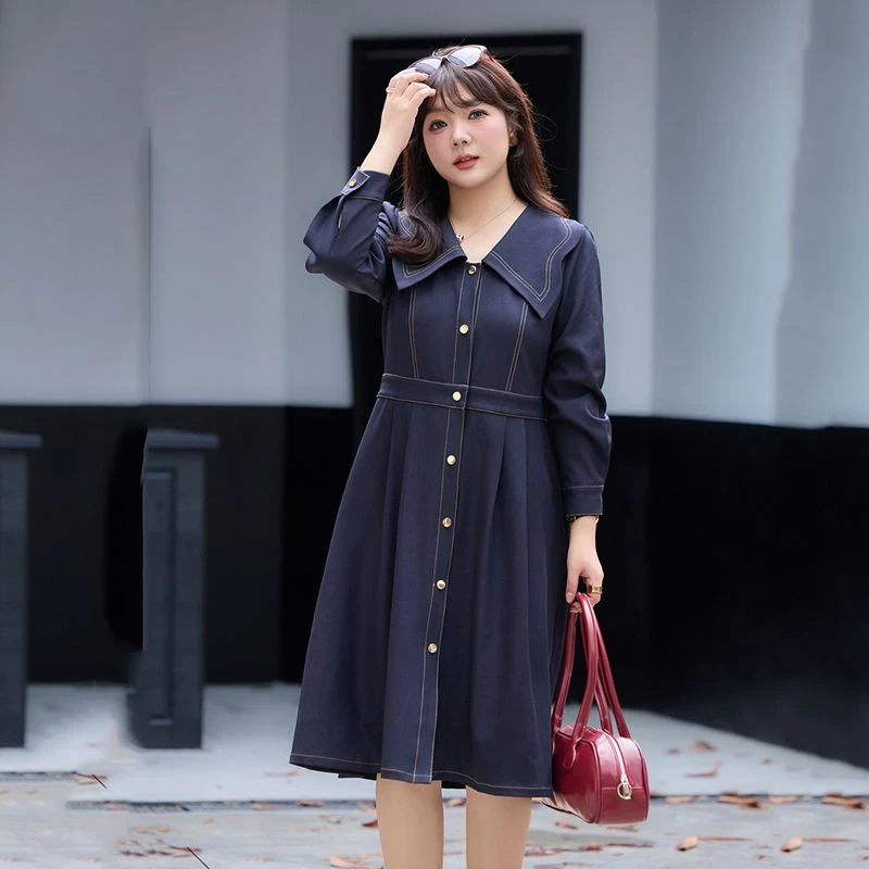 显瘦胖mm垂坠感长袖连衣裙大码女装秋季新款气质娃娃领收腰A字裙