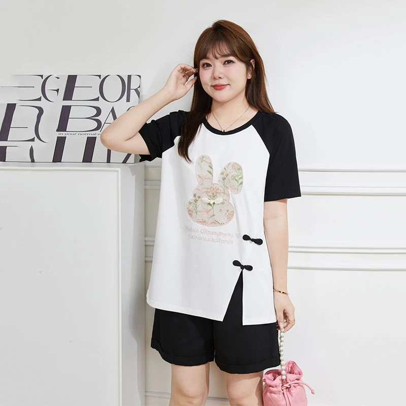 胖mm大码女装显瘦遮肚短袖夏季新款新中式国风中长款拼色T恤上衣