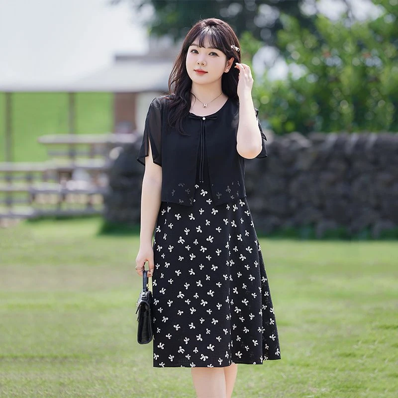 胖MM大码女装薄款遮肚假两件短袖套装新款长款加宽加大女装新款