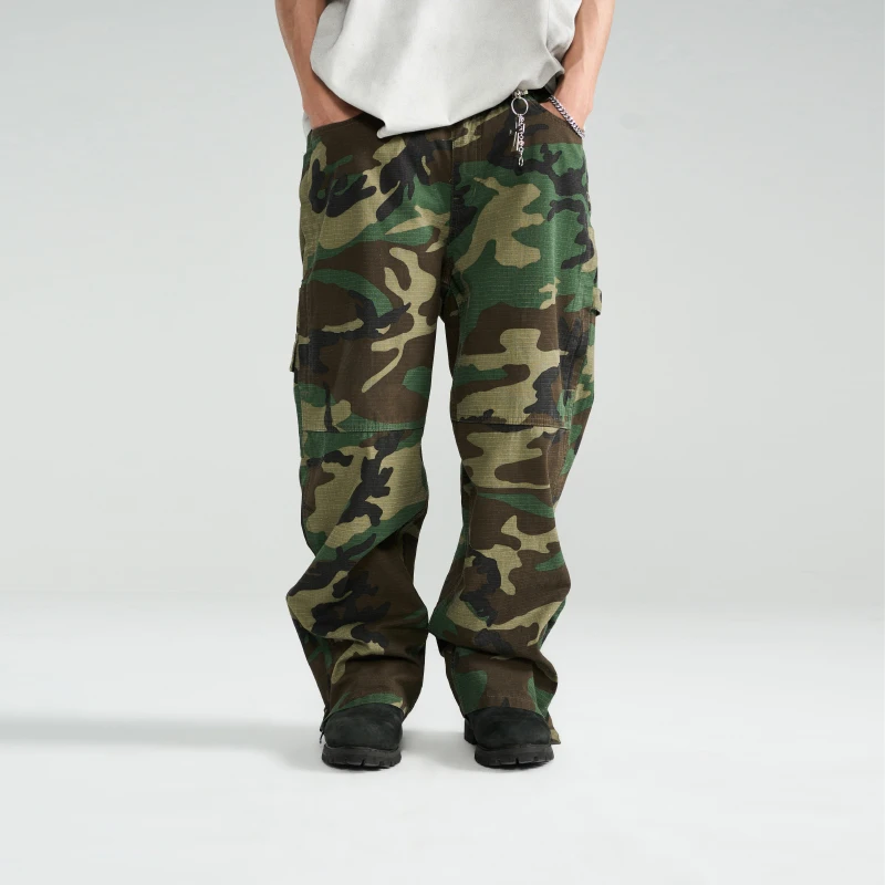 PMW 2024SS复古水洗做旧迷彩宽松阔腿裤工装裤休闲裤