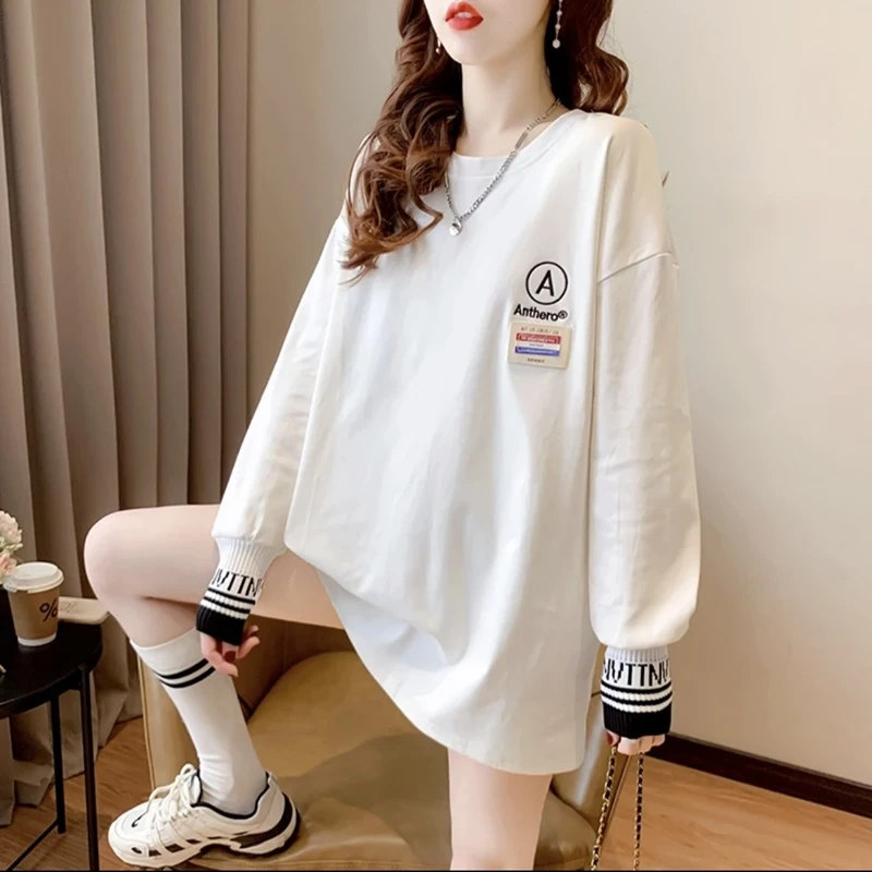 打底衫女2024韩版新款大版型t恤女宽松显瘦拼接螺纹袖A子上衣女