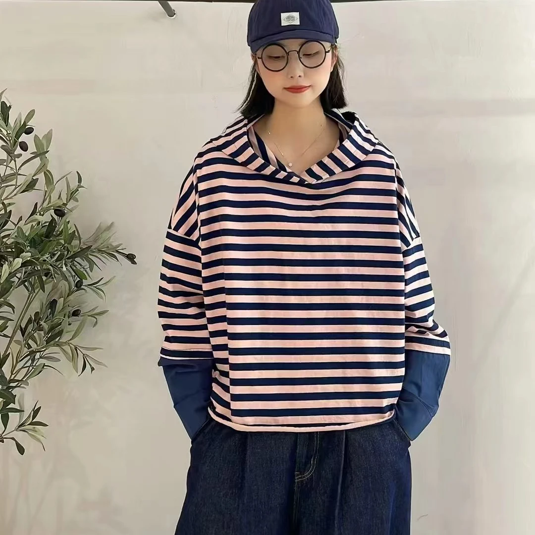 2024 初唯 春夏 休闲条纹T恤时尚百搭韩版连帽宽松长袖带帽横纹