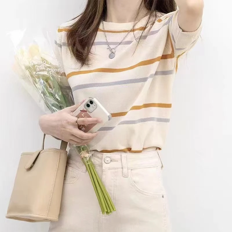 【张总定制】14G高支高密黄蓝条纹冰丝针织衫短袖打底上衣C522F