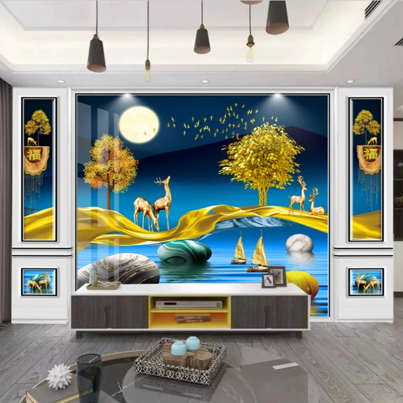 【飘带麋鹿图】快装电视沙发背景墙麋鹿步步高升壁画3D亮面护墙板