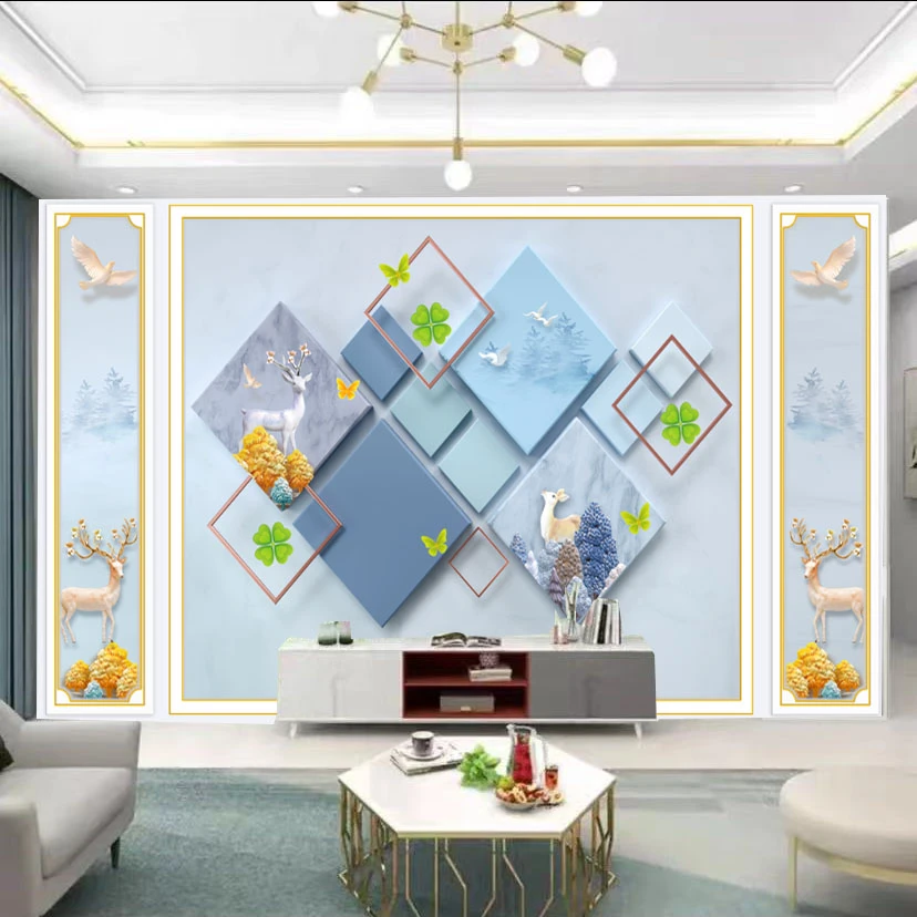 【新款麋鹿图】快装电视沙发背景墙麋鹿步步高升壁画3D亮面纤维板