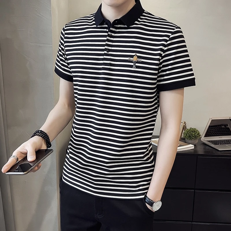 夏季男士潮流帅气韩版刺绣时尚条纹百搭修身短袖翻领polo衫