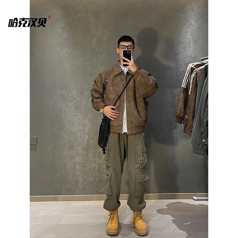 美拉德复古潮牌扎染PU皮衣夹克男秋季2024新款青少年休闲翻领外套