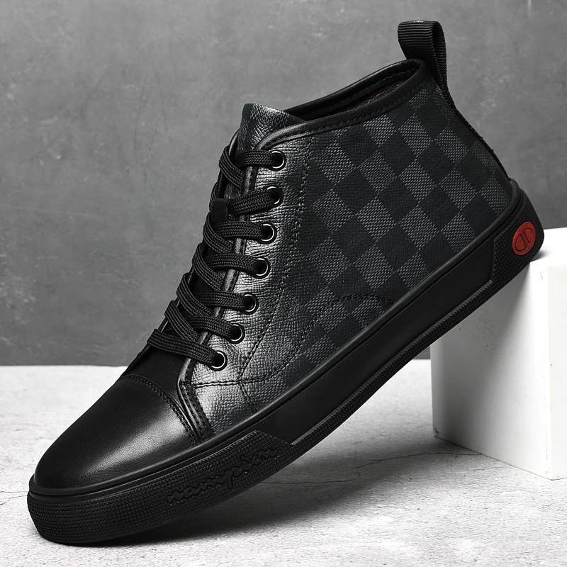 轻奢休闲秋冬加绒新款简约时尚中帮板鞋潮鞋经典格纹百搭时尚男鞋