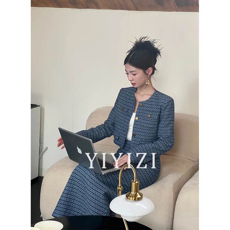 依依子【花海奇缘】蓝色牛仔套装裙女秋季2024新款气质半身裙两件套