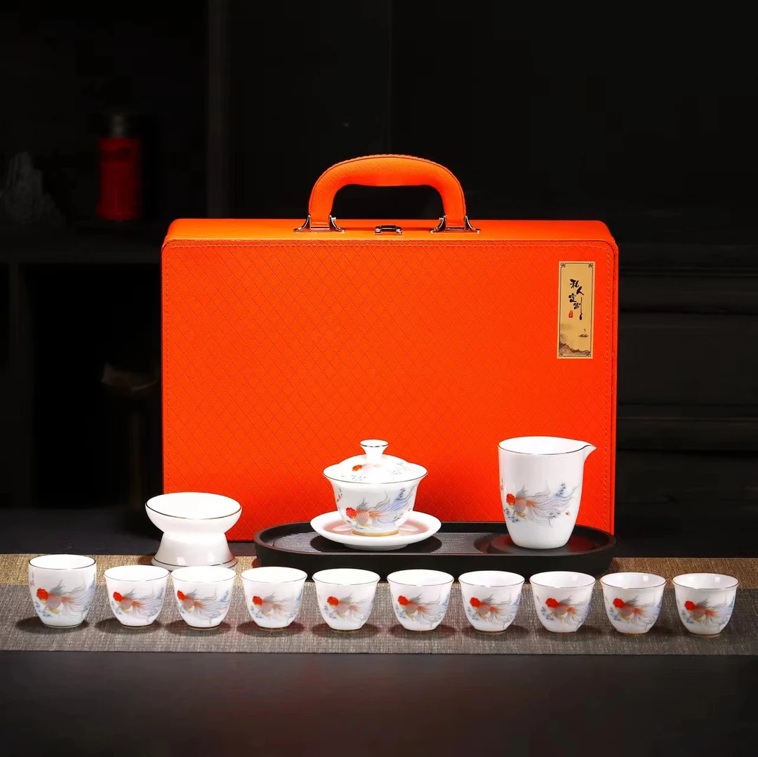 国建陶瓷德化羊脂玉瓷高端描金送礼佳品办公家用盖碗套装送礼组合