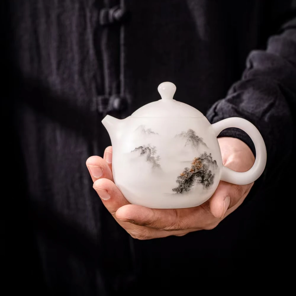 国建茶器羊脂玉瓷国潮风水绘山水龙蛋壶一壶四杯茶具简约套装组合