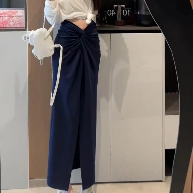 纯欲风褶皱扭结设计V字高腰垂感包臀裙女夏季新款法式高开衩长裙