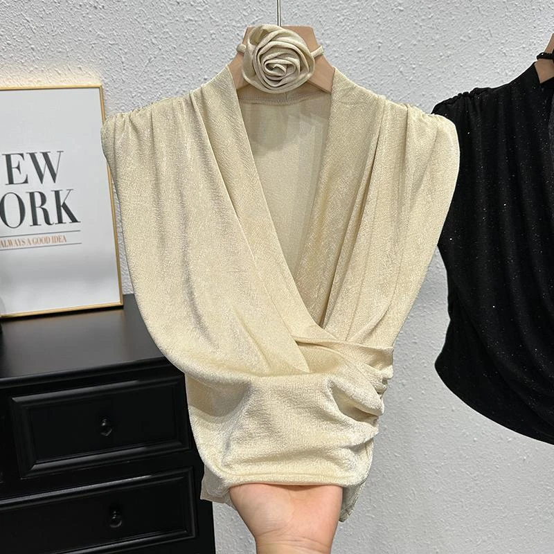 法式气质无袖t恤女时尚洋气小众修身设计感小衫别致绝美短上衣